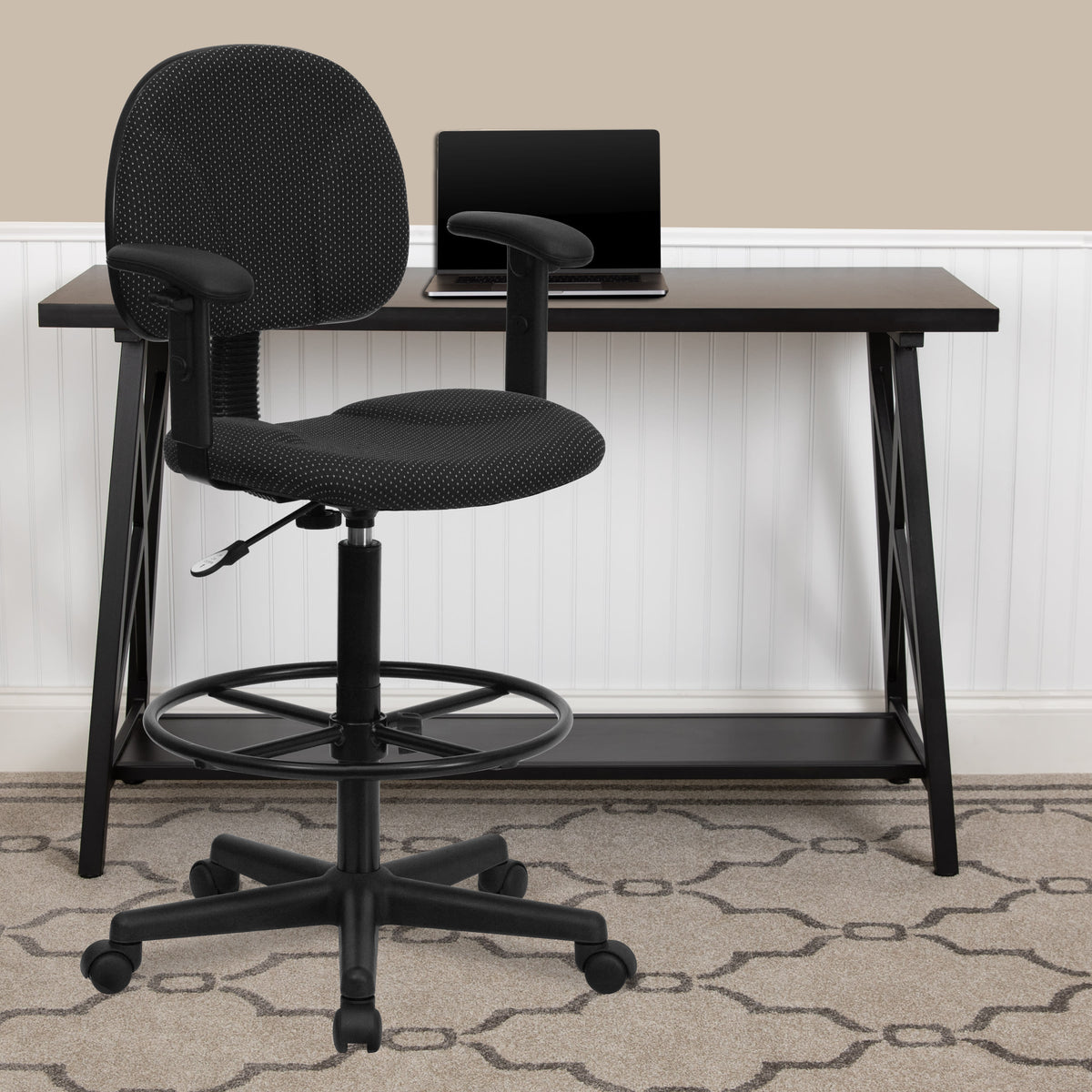 Black Patterned |#| Black Patterned Fabric Swivel Drafting Chair with Adjustable Height and Arms