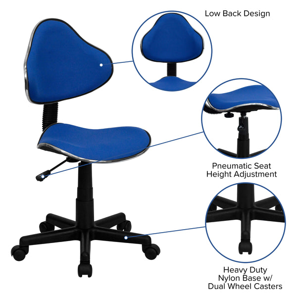 Blue |#| Blue Fabric Low Back Swivel Ergonomic Task Office Chair with Adjustable Height