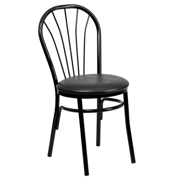 Black |#| Fan Back Metal Chair with Black Vinyl Seat - Hospitality Seating