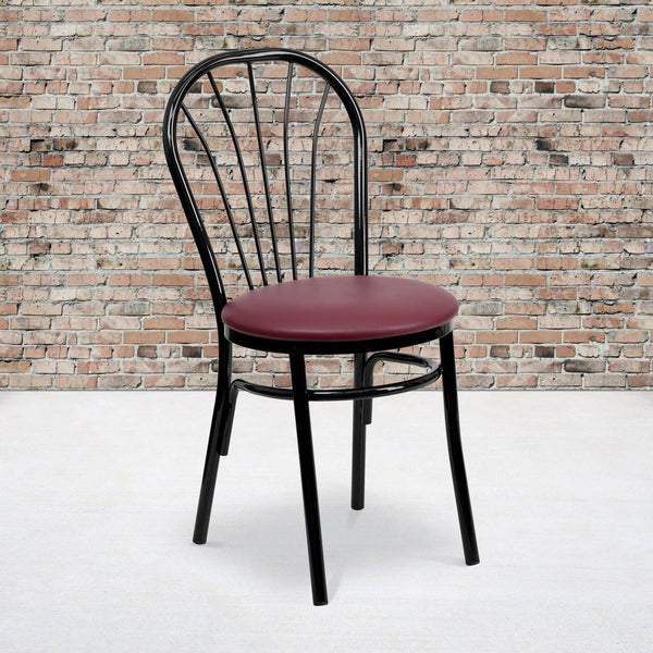 Burgundy |#| Fan Back Metal Chair with Burgundy Vinyl Seat - Hospitality Seating