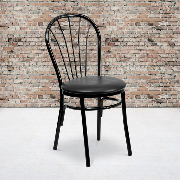 Black |#| Fan Back Metal Chair with Black Vinyl Seat - Hospitality Seating