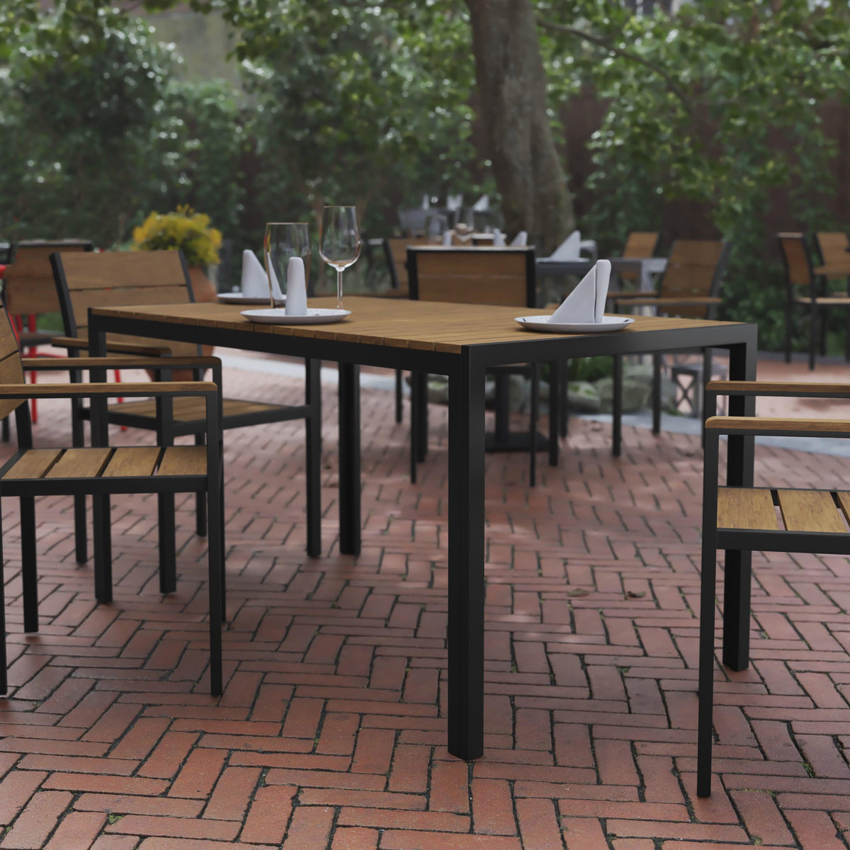 Natural |#| Commercial 55 x 31 Faux Teak Outdoor Patio Table - Natural/Gray