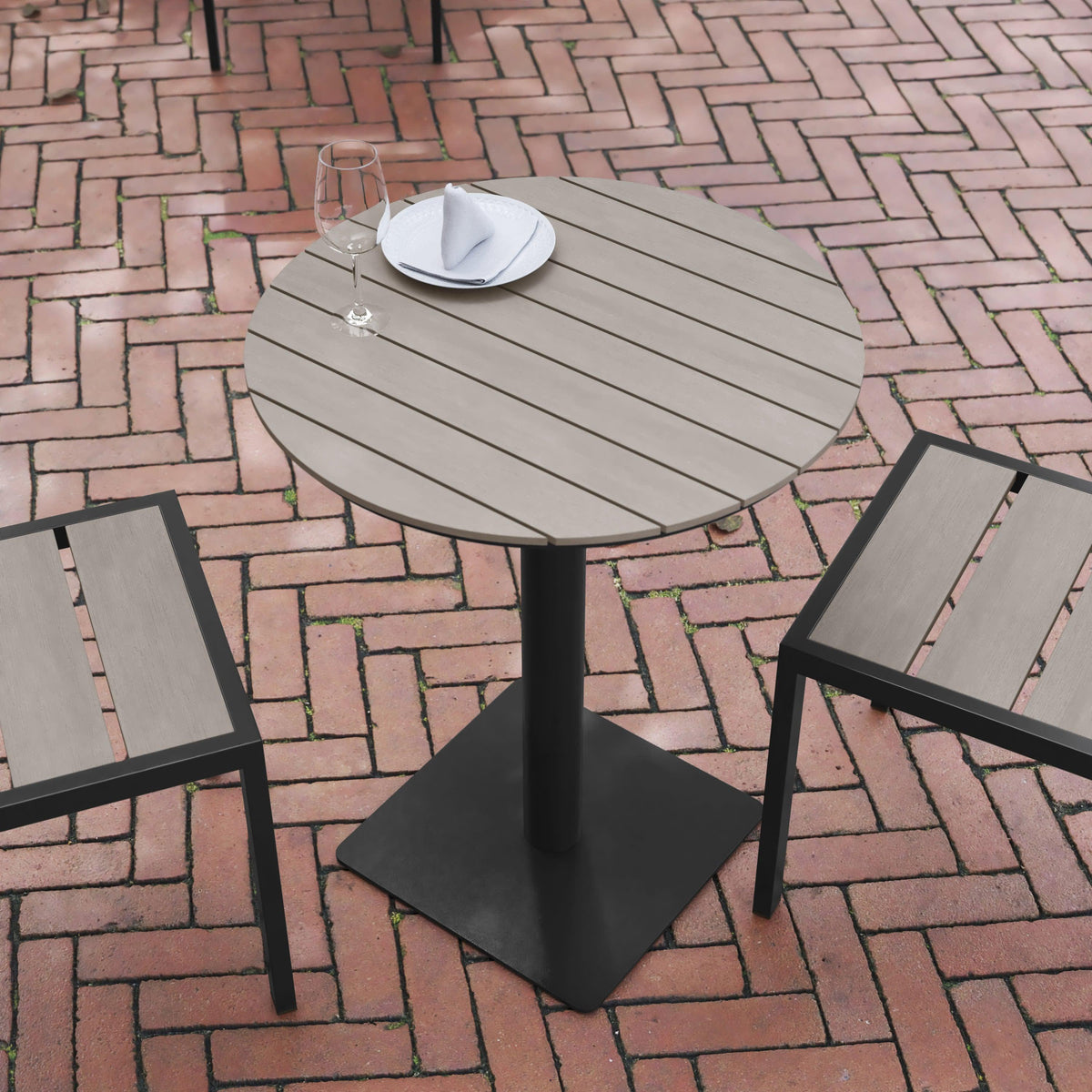 Gray |#| Commercial 24 Inch Round Faux Teak Outdoor Patio Dining Table - Gray/Gray