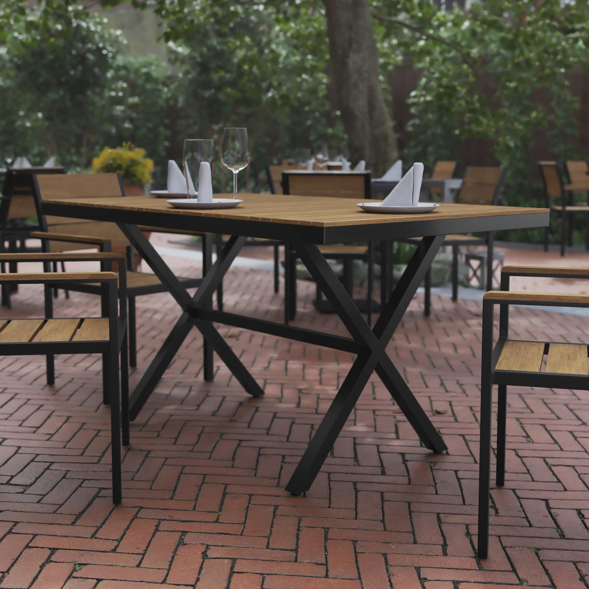 Natural |#| Commercial 59 x 35.5 Cross Frame Faux Teak Outdoor Patio Table - Natural/Gray