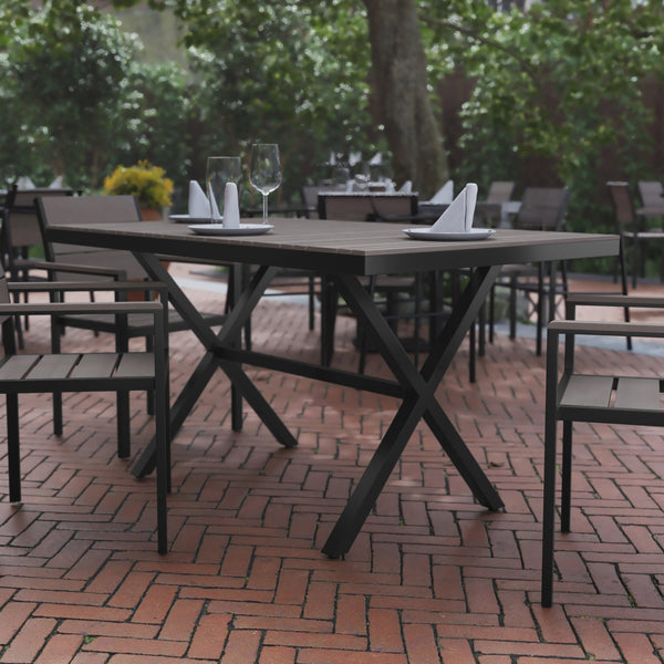 Gray |#| Commercial 59 x 35.5 Cross Frame Faux Teak Outdoor Patio Table - Gray/Gray