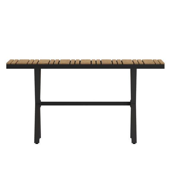 Natural |#| Commercial 59 x 35.5 Cross Frame Faux Teak Outdoor Patio Table - Natural/Gray