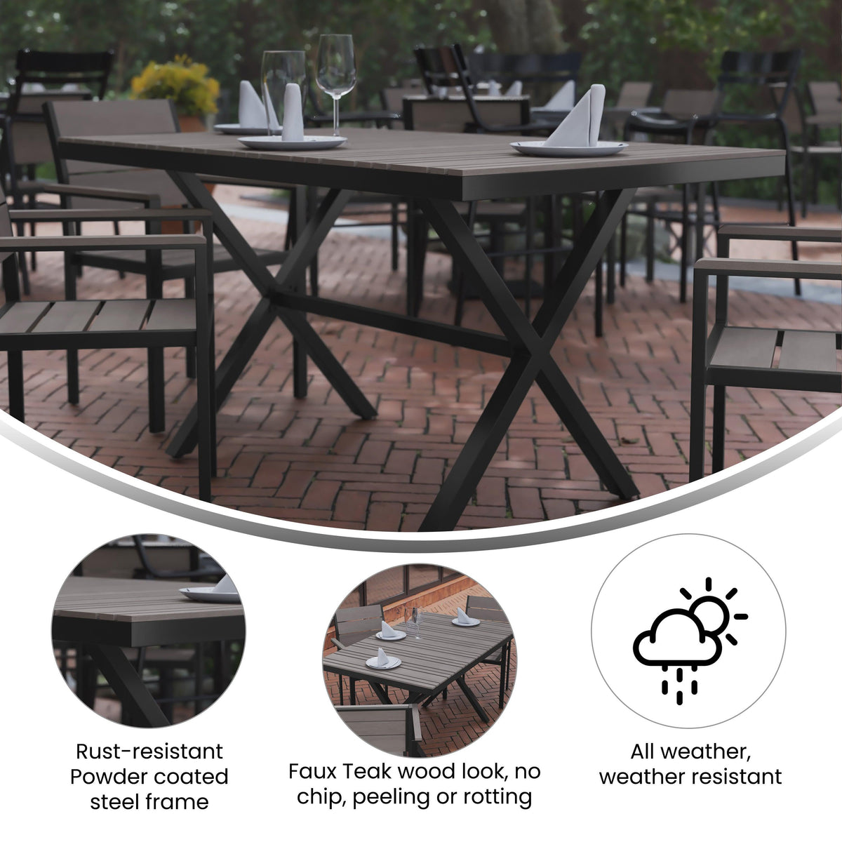 Gray |#| Commercial 59 x 35.5 Cross Frame Faux Teak Outdoor Patio Table - Gray/Gray