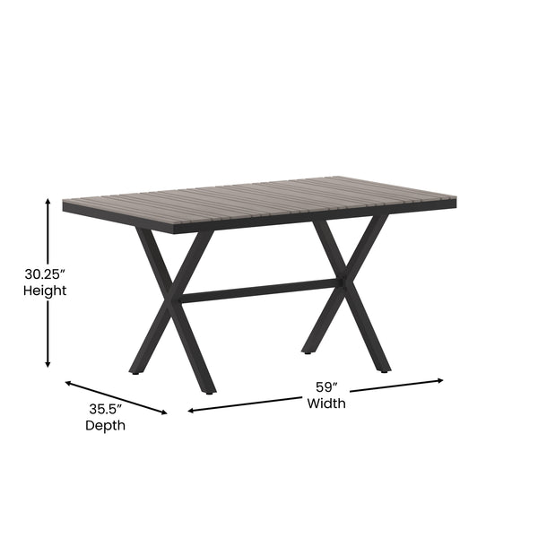 Gray |#| Commercial 59 x 35.5 Cross Frame Faux Teak Outdoor Patio Table - Gray/Gray