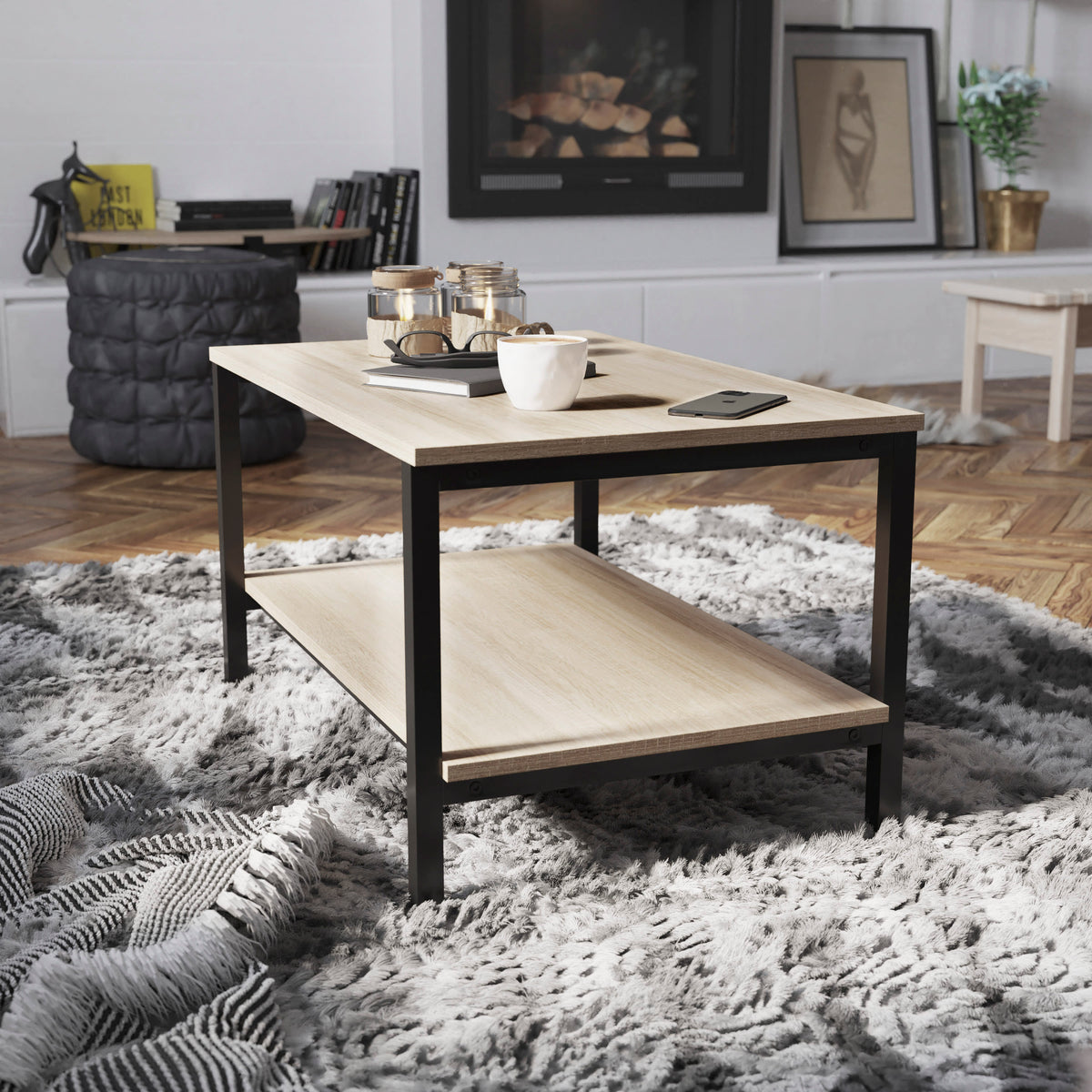 Contemporary Engineered Wood & Metal Coffee Table with Lower Shelf in Driftwood