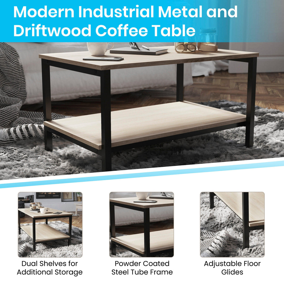 Contemporary Engineered Wood & Metal Coffee Table with Lower Shelf in Driftwood