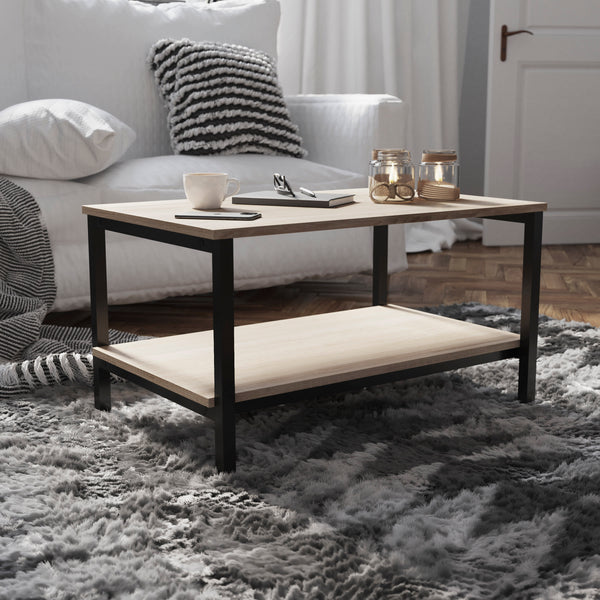 Contemporary Engineered Wood & Metal Coffee Table with Lower Shelf in Driftwood