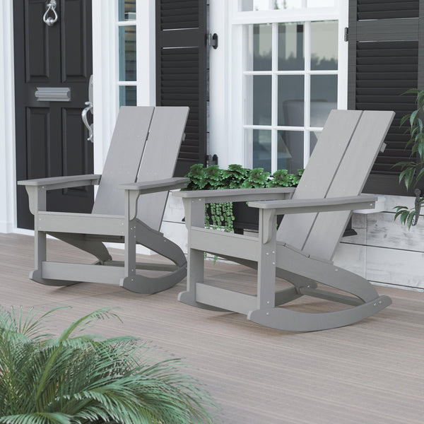 Gray |#| Indoor/Outdoor modern 2-Slat Adirondack Poly Resin Rockers in Gray - Set of 2