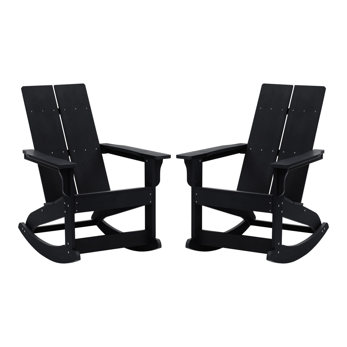 Black |#| Indoor/Outdoor modern 2-Slat Adirondack Poly Resin Rockers in Black - Set of 2