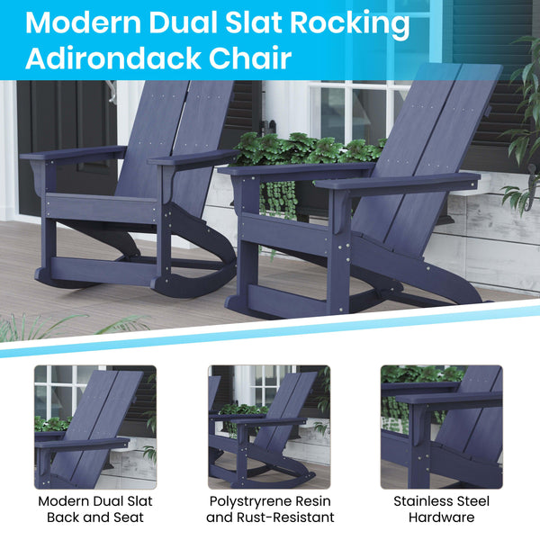 Navy |#| Indoor/Outdoor modern 2-Slat Adirondack Poly Resin Rockers in Navy - Set of 2