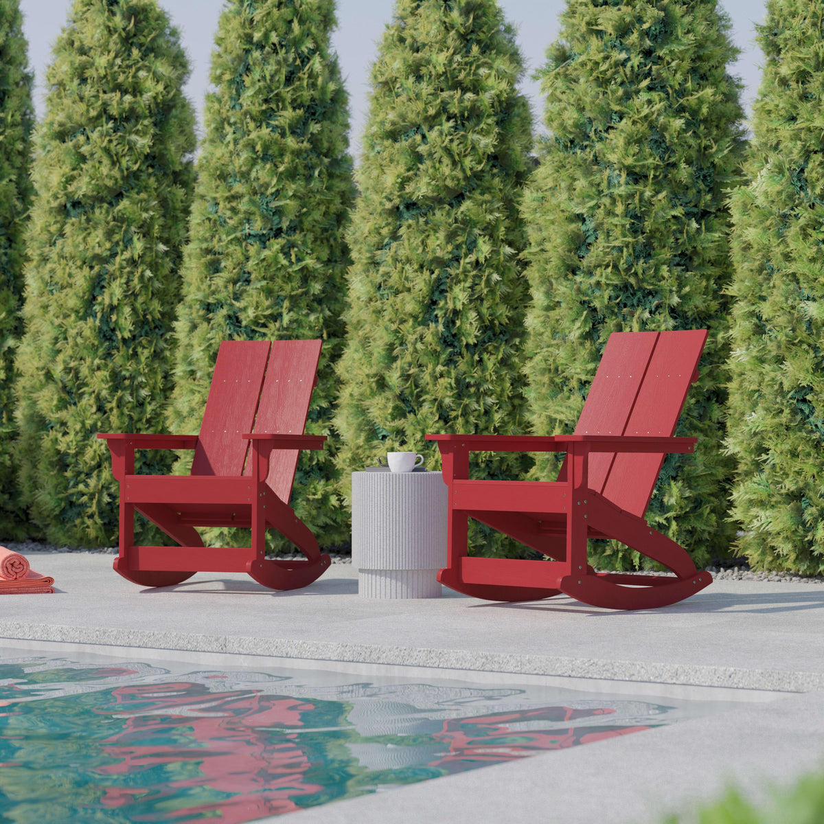 Red |#| Indoor/Outdoor modern 2-Slat Adirondack Poly Resin Rockers in Red - Set of 2