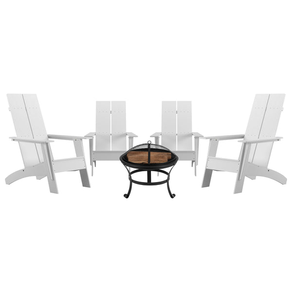White |#| Set of 4 White Dual Slat Poly Resin Adirondack Chairs-22inch Round Fire Pit