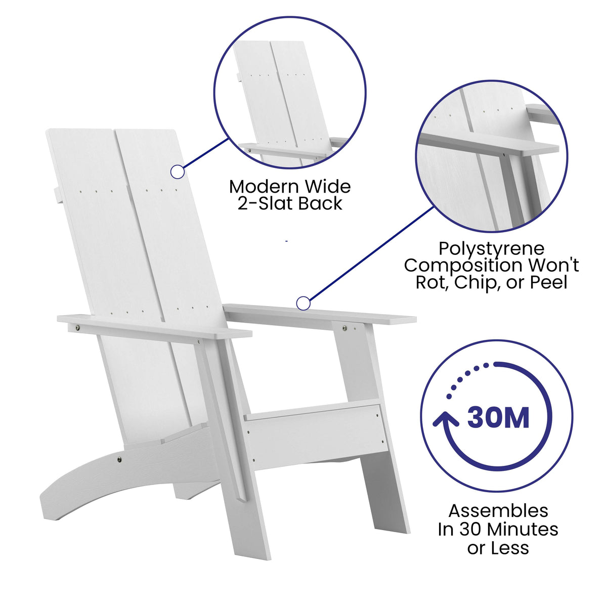 White |#| Set of 4 White Dual Slat Poly Resin Adirondack Chairs-22inch Round Fire Pit