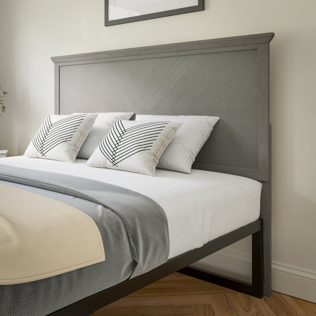 Gray Wash,Queen |#| Contemporary Queen Size Herring Bone Wooden Headboard Only in Gray Wash