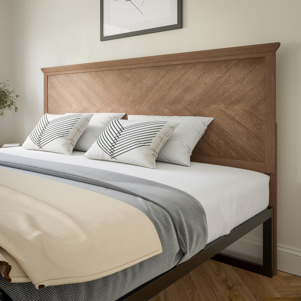 Light Brown,King |#| Contemporary King Size Herring Bone Wooden Headboard Only in Light Brown