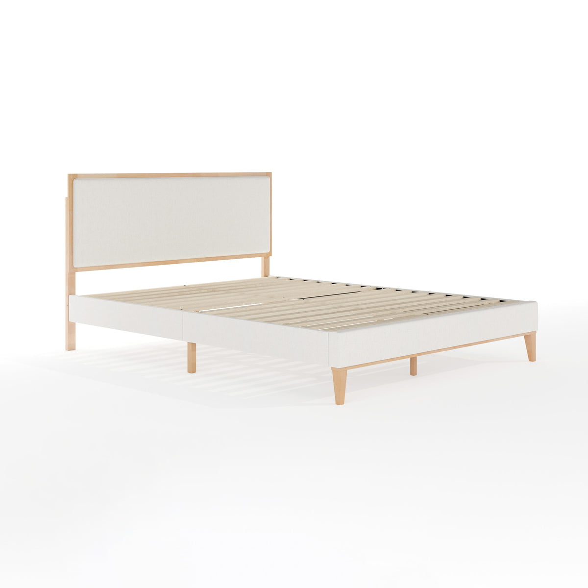 Queen |#| Wooden Queen Size Platform Bed with Upholstered Inset Headboard-Light Beech/Snow