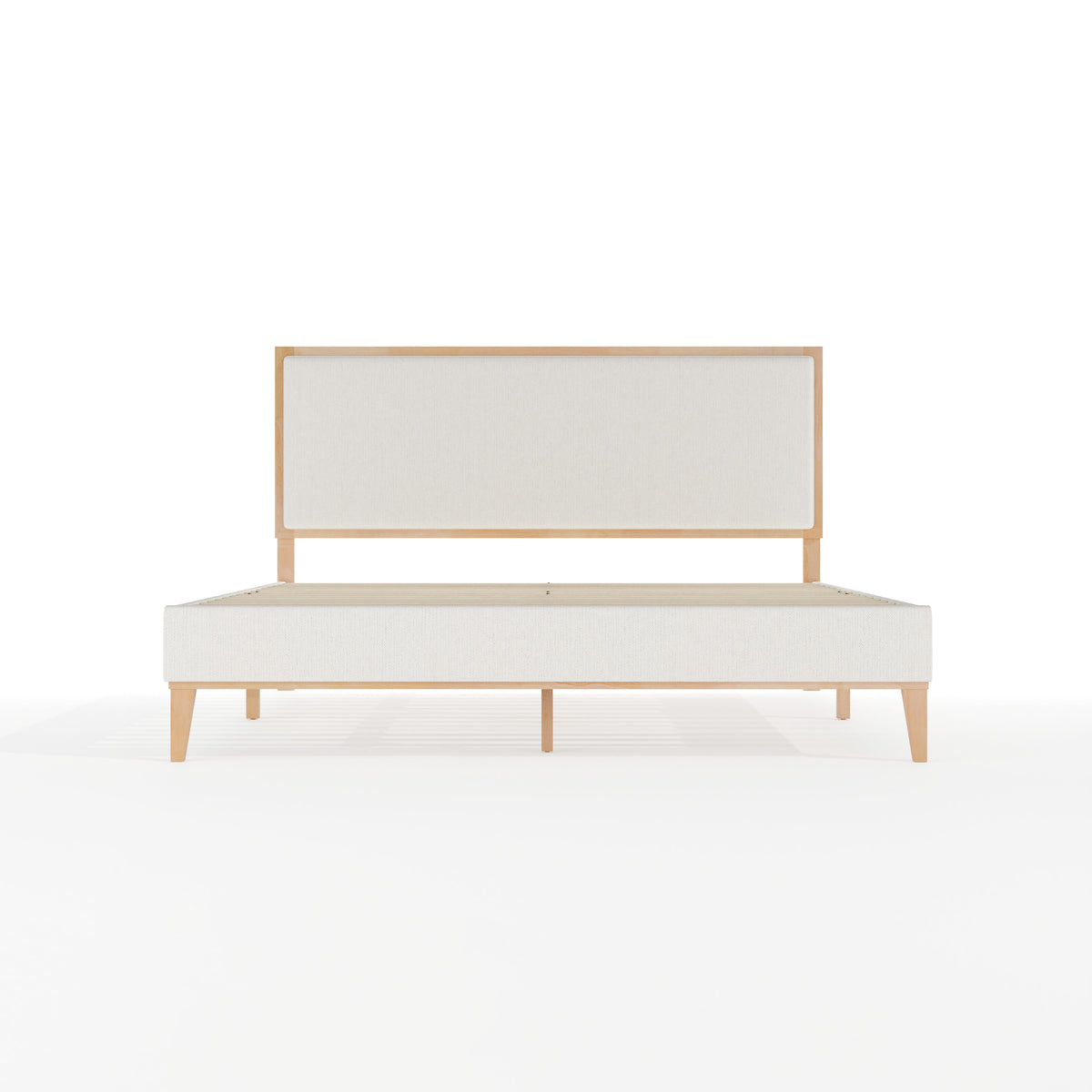 Queen |#| Wooden Queen Size Platform Bed with Upholstered Inset Headboard-Light Beech/Snow