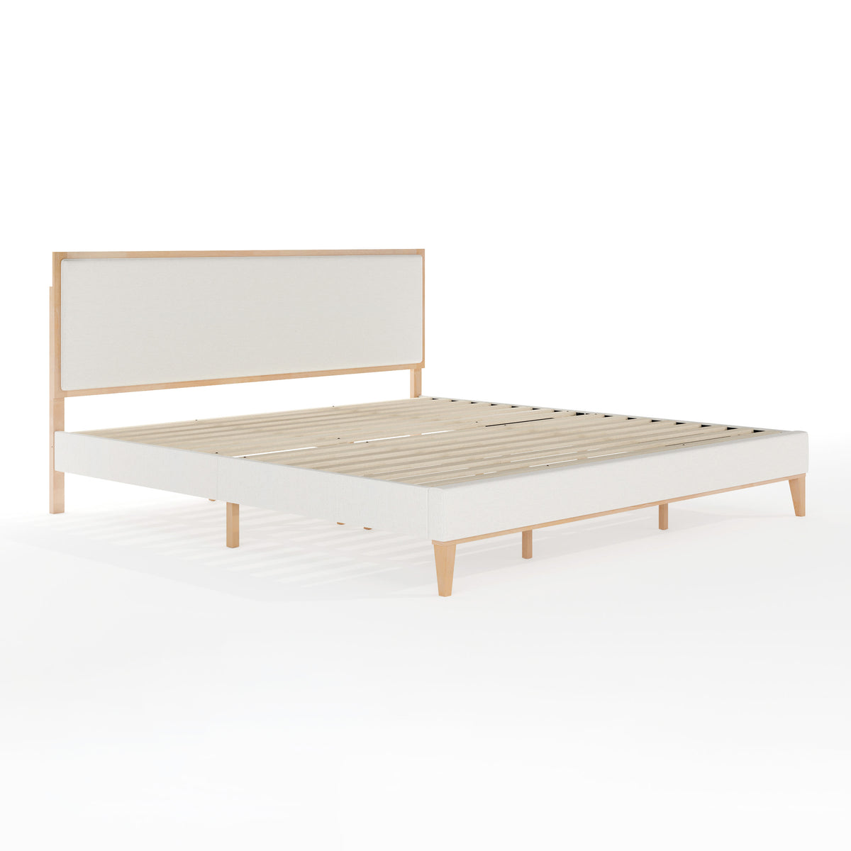 King |#| Wooden King Size Platform Bed with Upholstered Inset Headboard-Light Beech/Snow