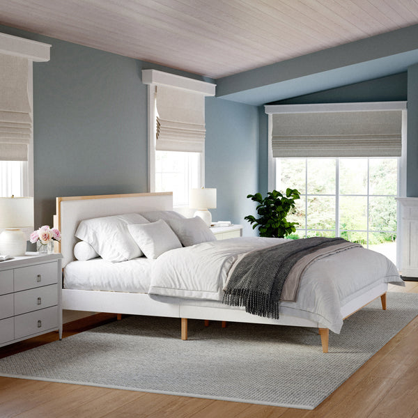 King |#| Wooden King Size Platform Bed with Upholstered Inset Headboard-Light Beech/Snow