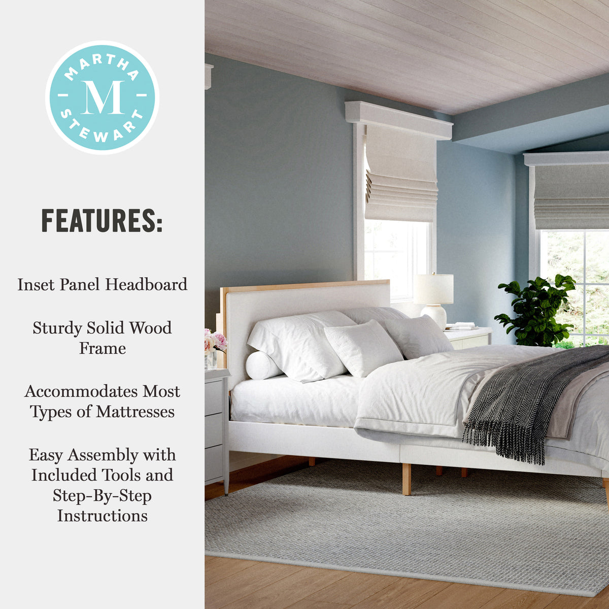 King |#| Wooden King Size Platform Bed with Upholstered Inset Headboard-Light Beech/Snow