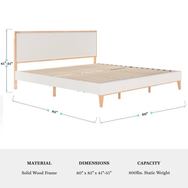 King |#| Wooden King Size Platform Bed with Upholstered Inset Headboard-Light Beech/Snow