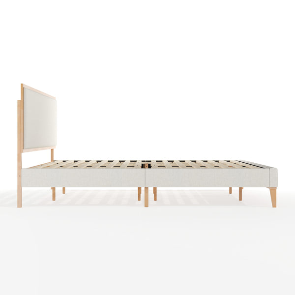 King |#| Wooden King Size Platform Bed with Upholstered Inset Headboard-Light Beech/Snow