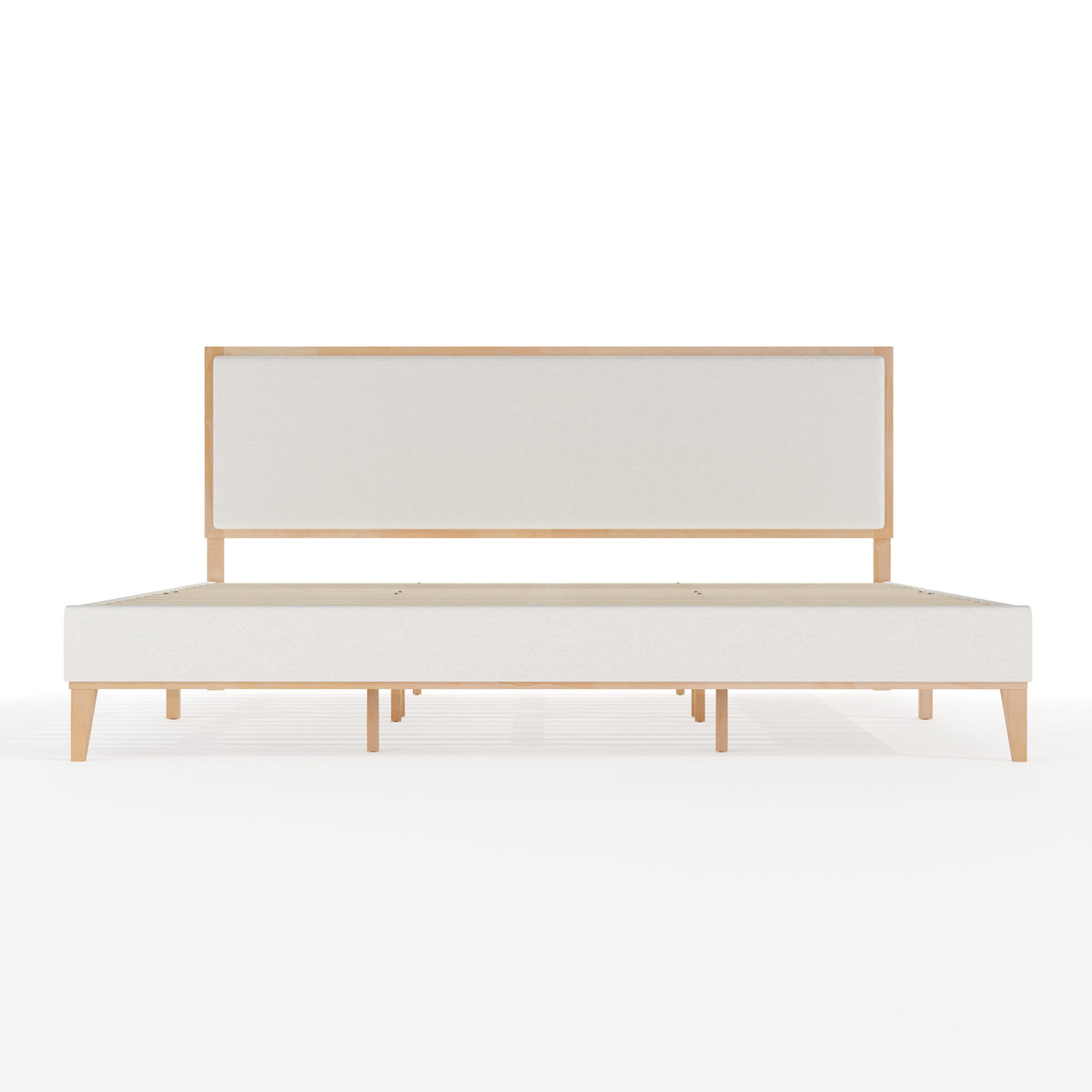 King |#| Wooden King Size Platform Bed with Upholstered Inset Headboard-Light Beech/Snow