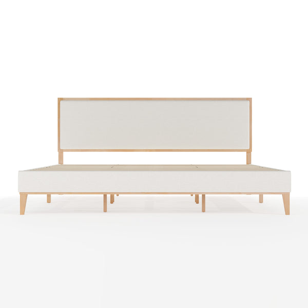 King |#| Wooden King Size Platform Bed with Upholstered Inset Headboard-Light Beech/Snow