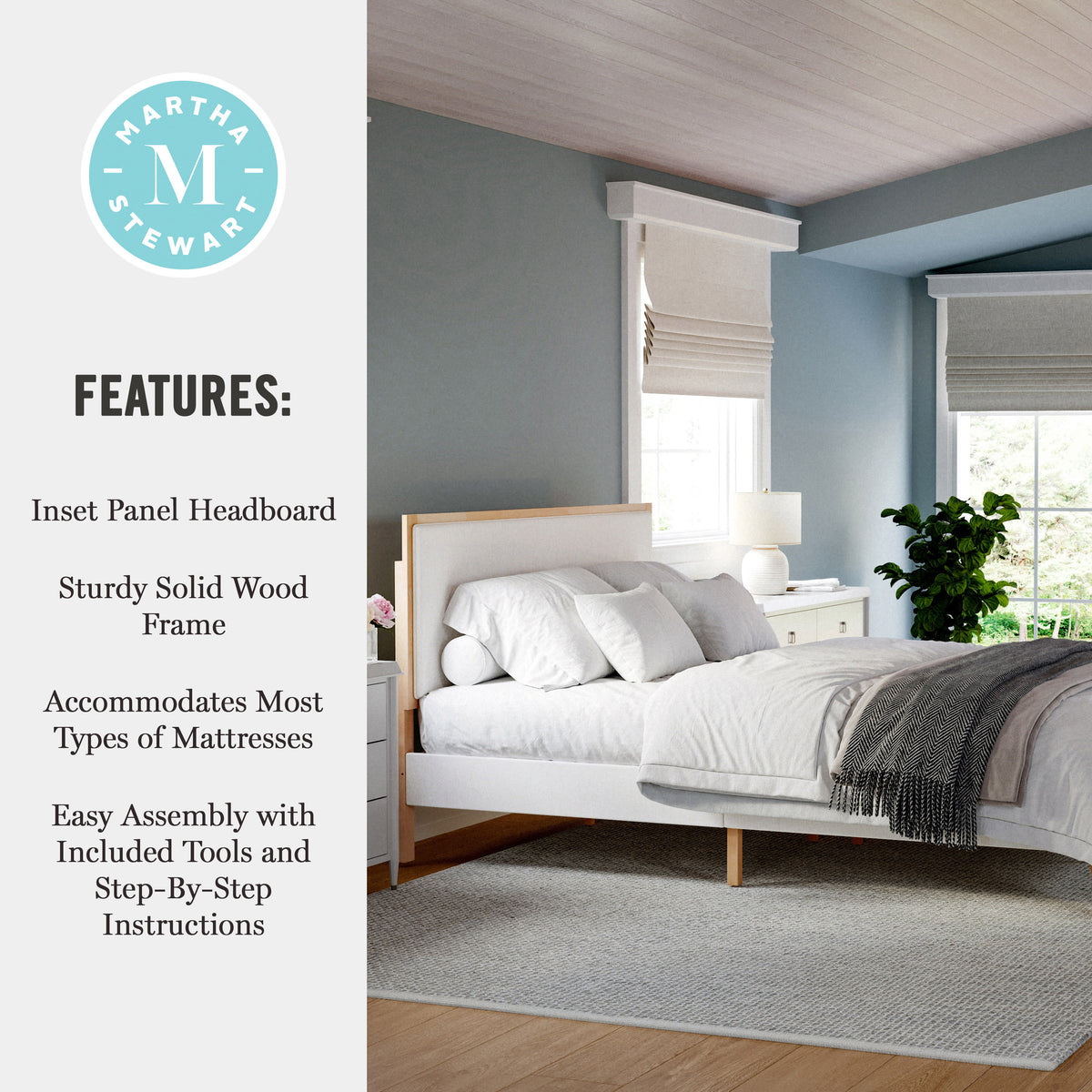 Queen |#| Wooden Queen Size Platform Bed with Upholstered Inset Headboard-Light Beech/Snow