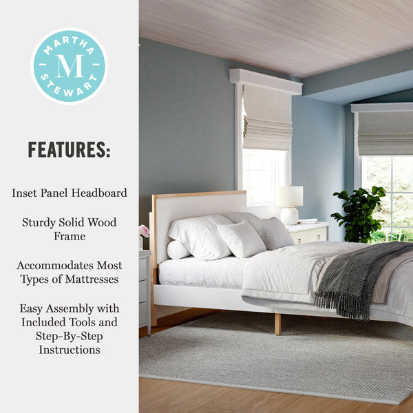 Queen |#| Wooden Queen Size Platform Bed with Upholstered Inset Headboard-Light Beech/Snow