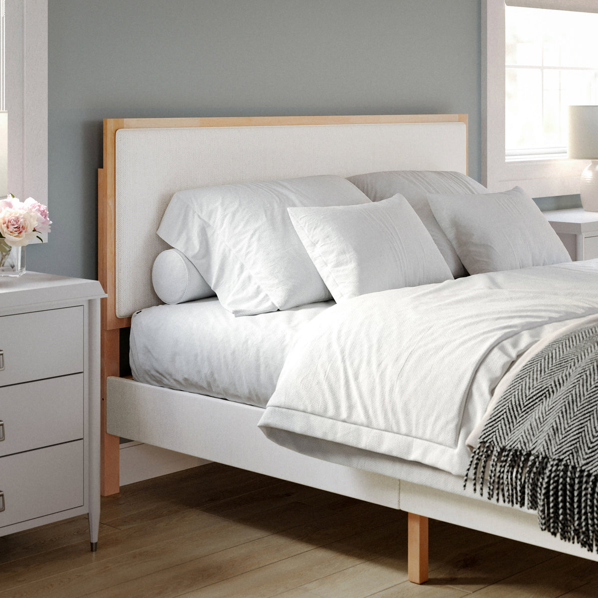 Queen |#| Wooden Queen Size Platform Bed with Upholstered Inset Headboard-Light Beech/Snow