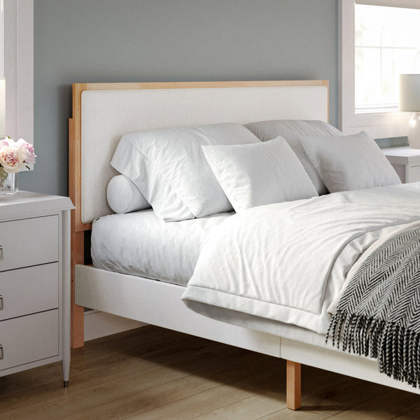 Queen |#| Wooden Queen Size Platform Bed with Upholstered Inset Headboard-Light Beech/Snow