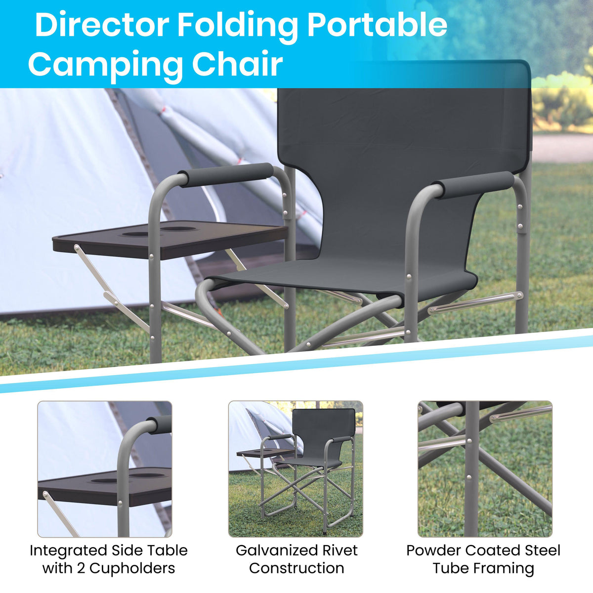 Gray |#| Foldable Steel Tube Framed Directors Camping Chair-Cupholder Side Table - Gray