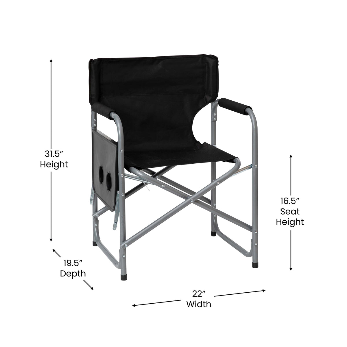 Black |#| Foldable Steel Tube Framed Directors Camping Chair-Cupholder Side Table - Black