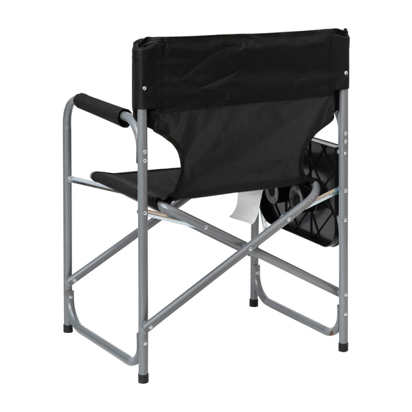 Black |#| Foldable Steel Tube Framed Directors Camping Chair-Cupholder Side Table - Black