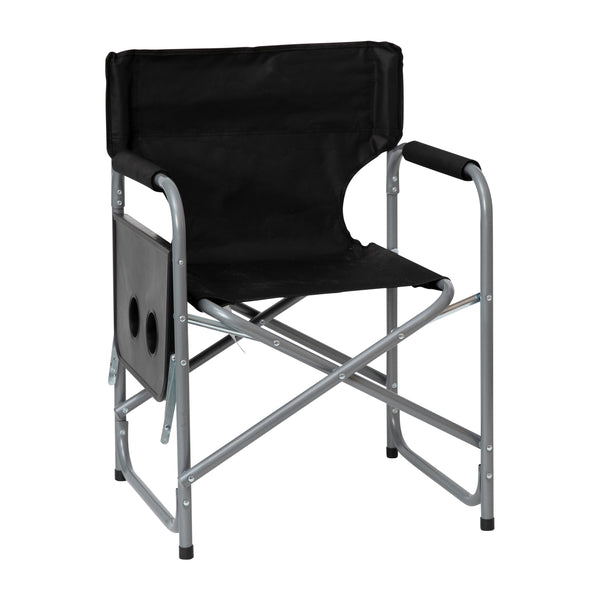 Black |#| Foldable Steel Tube Framed Directors Camping Chair-Cupholder Side Table - Black