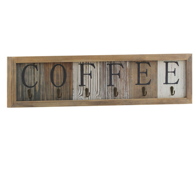 Folston Wooden Wall Mount Distressed Printed COFFEE Mug Organizer with Metal Hanging Hooks, No Assembly Required