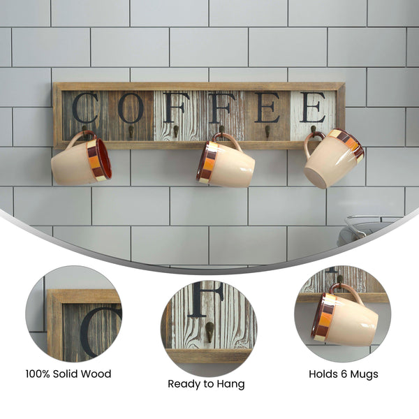 6 Cup Wall Mount Printed Coffee Mug Rack in Distressed Wood Grains