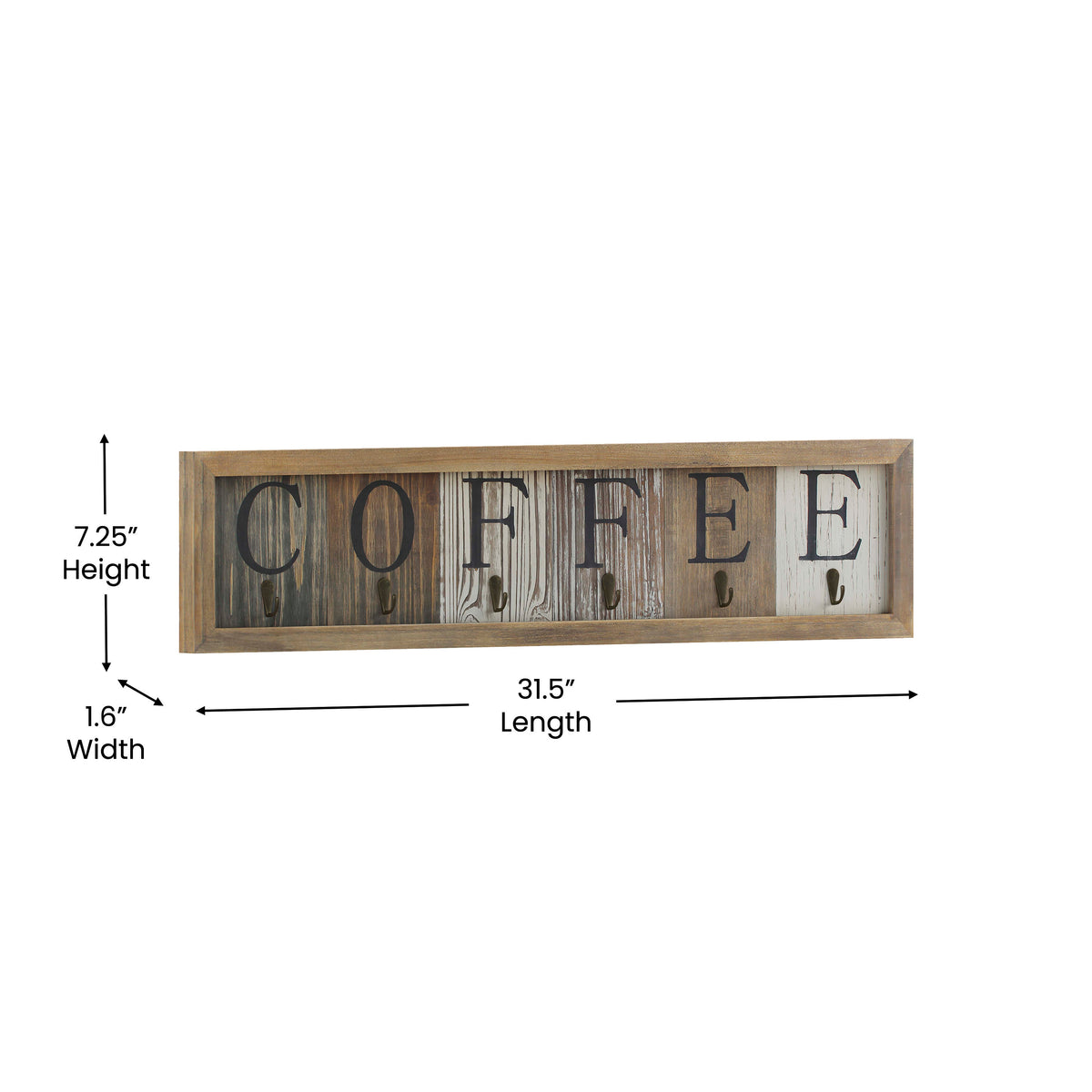 6 Cup Wall Mount Printed Coffee Mug Rack in Distressed Wood Grains