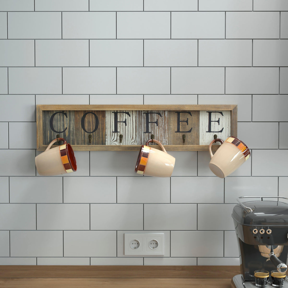 6 Cup Wall Mount Printed Coffee Mug Rack in Distressed Wood Grains