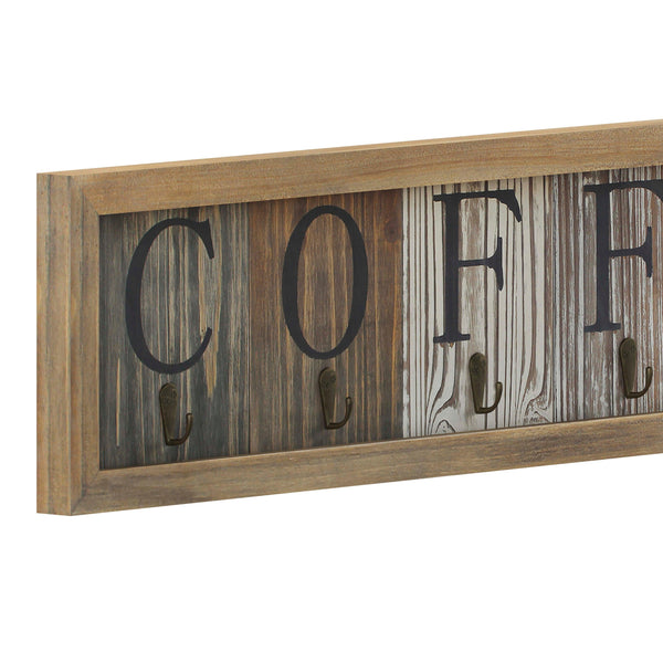 6 Cup Wall Mount Printed Coffee Mug Rack in Distressed Wood Grains