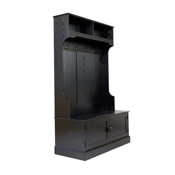 Black |#| 40" Wide 4 Hook Hallway Tree with Storage Bench and Upper Cubbies in Black