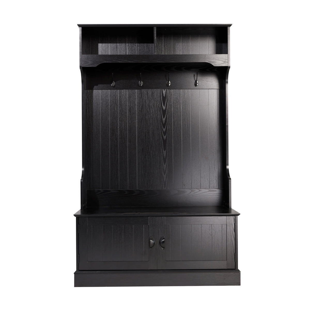 Black |#| 40" Wide 4 Hook Hallway Tree with Storage Bench and Upper Cubbies in Black