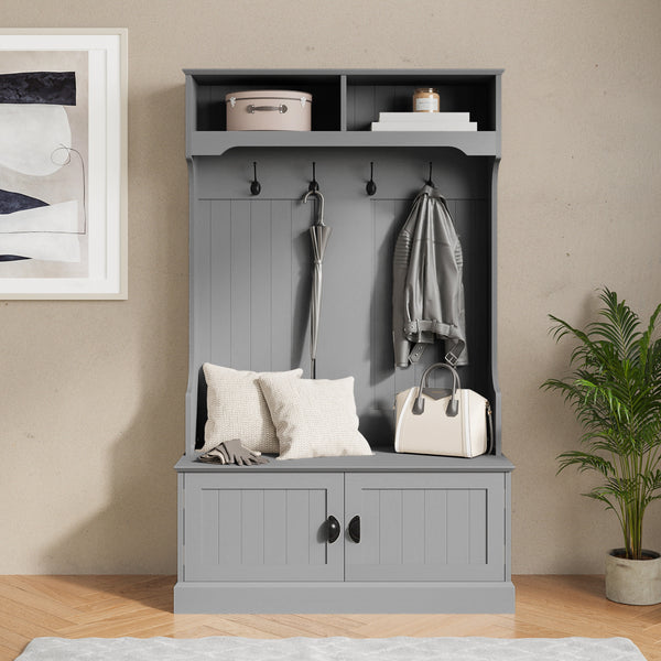 Gray |#| 40" Wide 4 Hook Hallway Tree with Storage Bench and Upper Cubbies in Gray