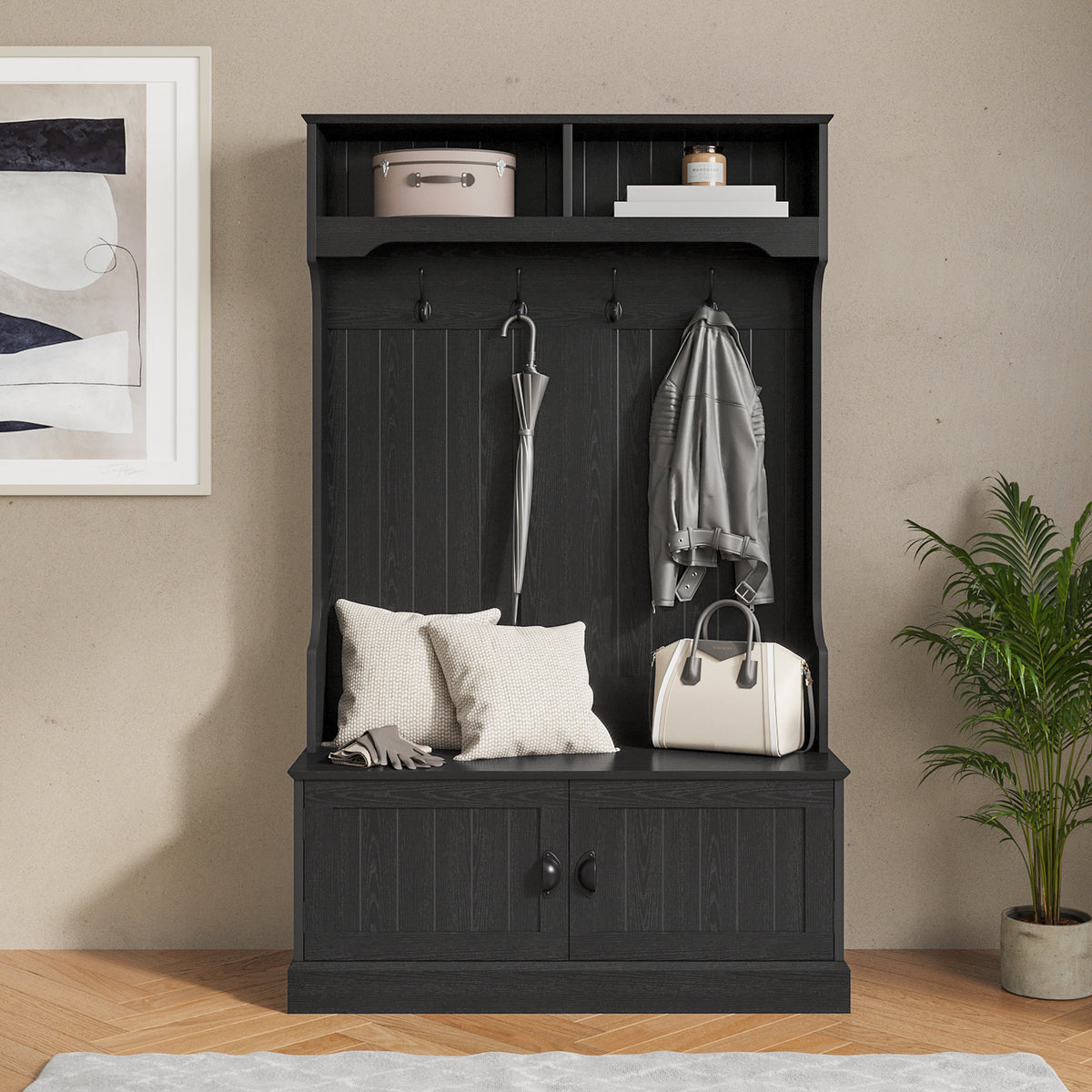 Black |#| 40" Wide 4 Hook Hallway Tree with Storage Bench and Upper Cubbies in Black