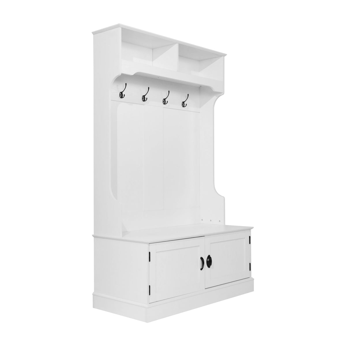 White |#| 40" Wide 4 Hook Hallway Tree with Storage Bench and Upper Cubbies in White